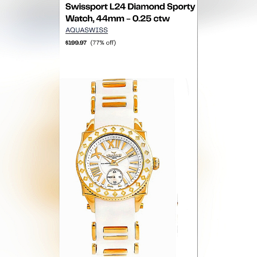Women's Watch AquaSwiss Designer White Band Gold Bezel Dials & Numbers, In Case.